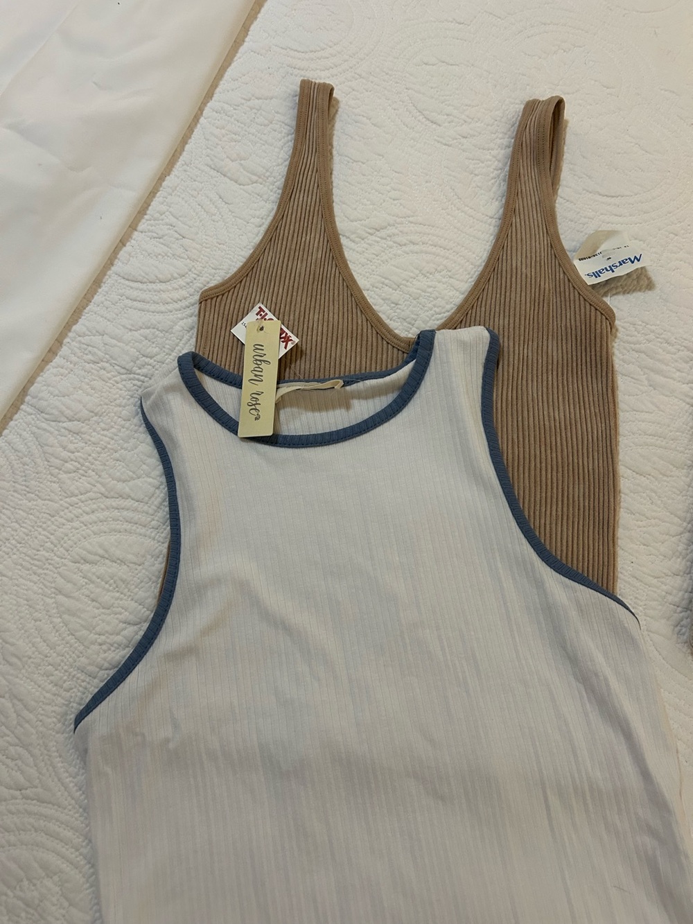 Ribbed Tank Top Duo — Urban Rose White with Blue Trim & Aura Tan.